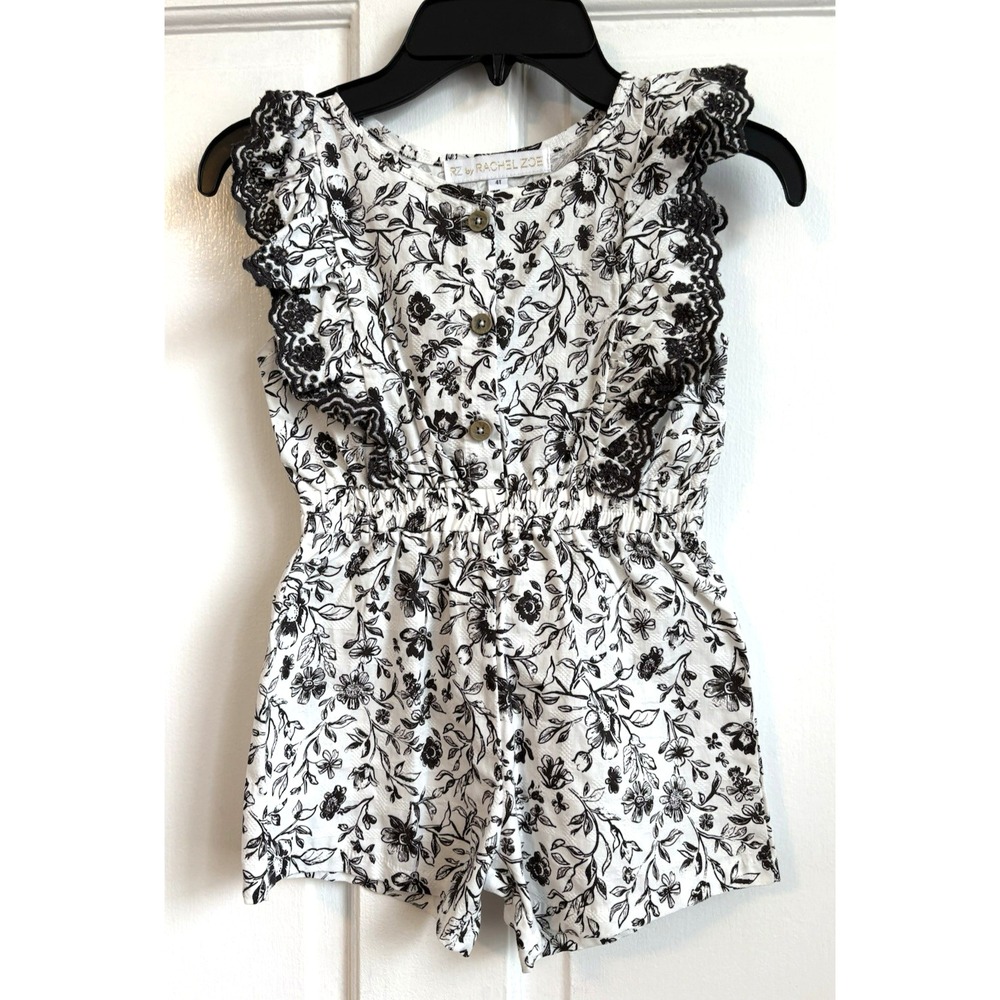 RZ by Rachel Zoe Girls Black White Floral Ruffle Lace Trim Cotton Romper 4T